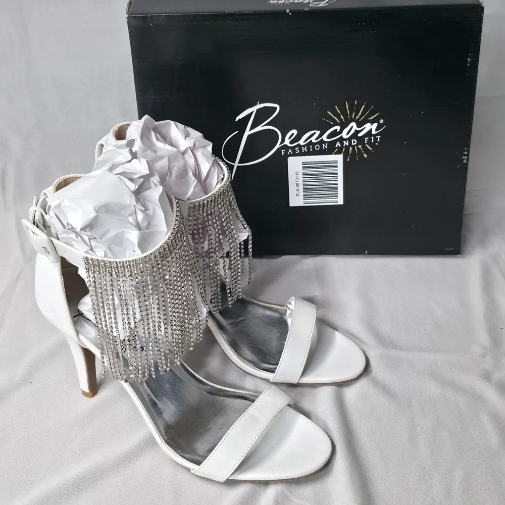 Beacon Women's Glamour Rhinestone White Heels Size 9M NIB